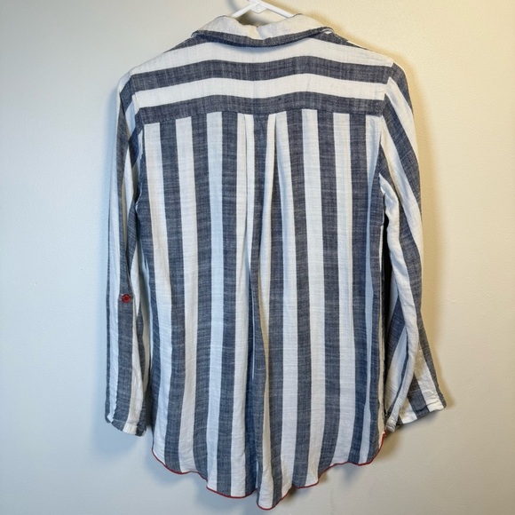 Ali Miles Linen Blend Roll Tab Sleeve Mixed Stripes Button Front Shirt Size XS - Picture 7 of 7